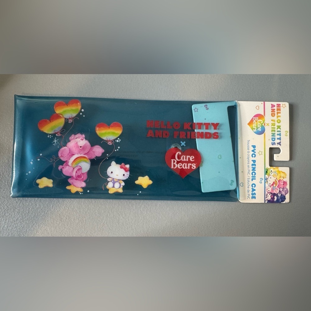 Hello Kitty and friends x Care Bears Teal PVC Pencil Case snap closure rainbow